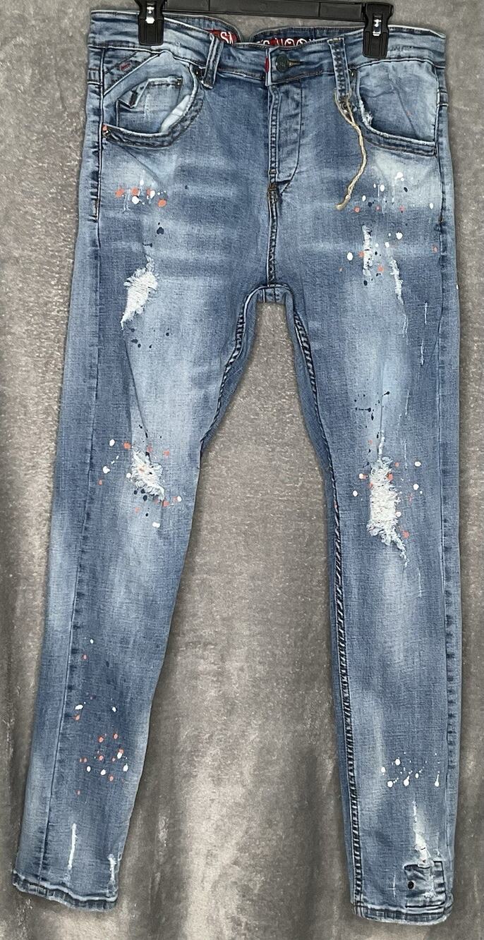 Smugglers Moon Mens 36x32 Blue Jeans Distressed Paint Splatter Skull Slim Denim